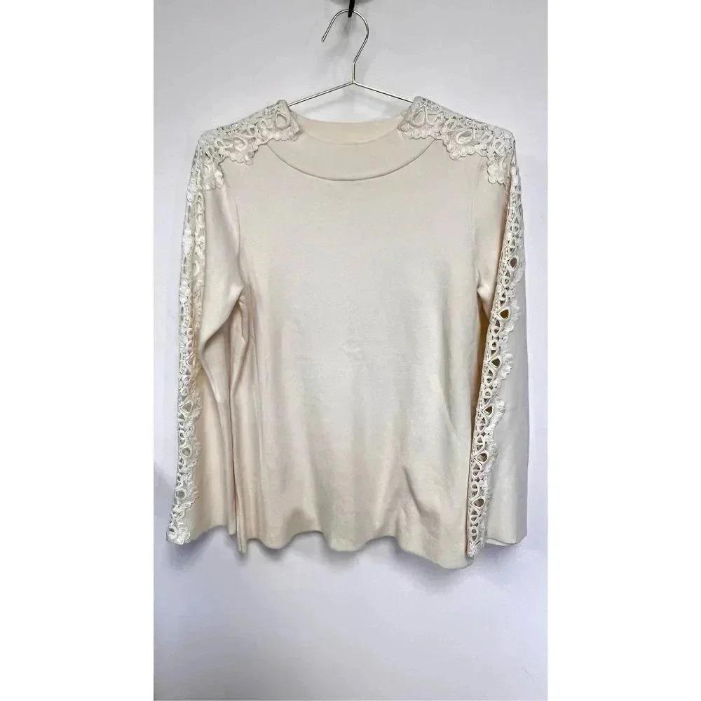 Stylus Womens Ivory Long‎ Sleeves Lace Trim Shoulder Knit Pullover Sweater Large